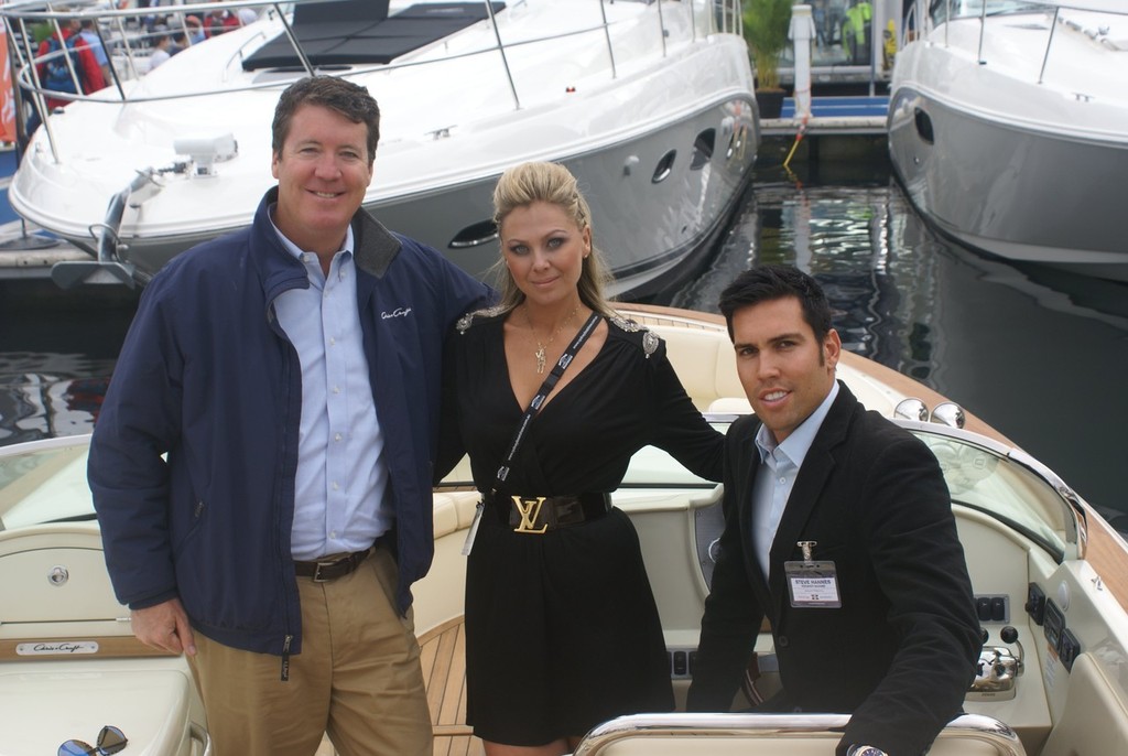 Steve Heese (left) President of Chris-Craft at the Sydney International Boat Show. Premier Marine dealer principal Steve Hannes (seated), and Lee Poulsen represent the legendary breed in Australia.  © Bob Wonders
